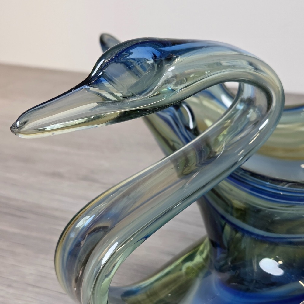 Vintage Hand Blown Blue Swirl Sooner Art Glass Swan Bowl 14" Long Large - Picture 2 of 12